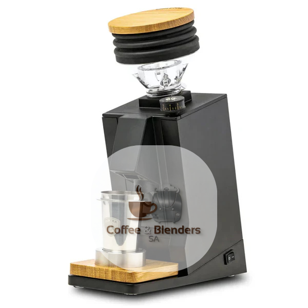 Eureka Mignon Single Dose Oro espresso grinder with oak base — available in South Africa from Coffee and Blenders SA
