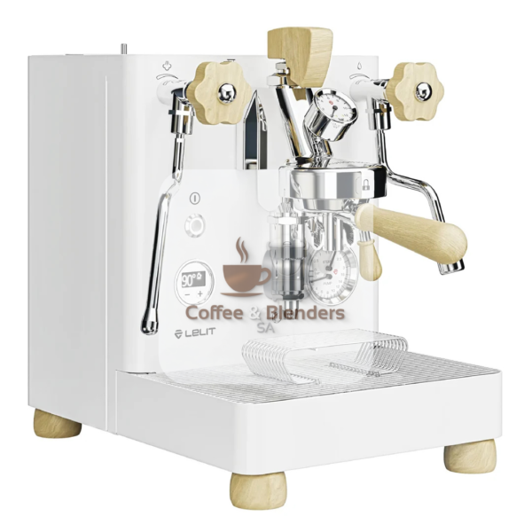 Lelit Bianca V3 espresso machine in polished stainless steel with walnut wood accents — available in South Africa from Coffee and Blenders SA