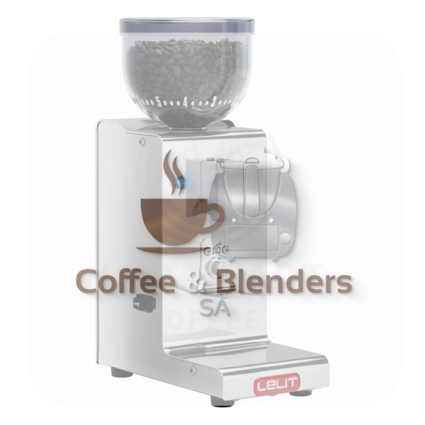Lelit Fred 44 on-demand espresso grinder in stainless steel — available in South Africa from Coffee and Blenders SA